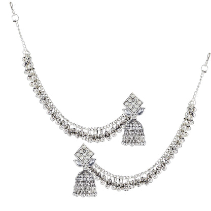 Silver Oxidised Artificial Stone Earrings with Ear Chain for Women