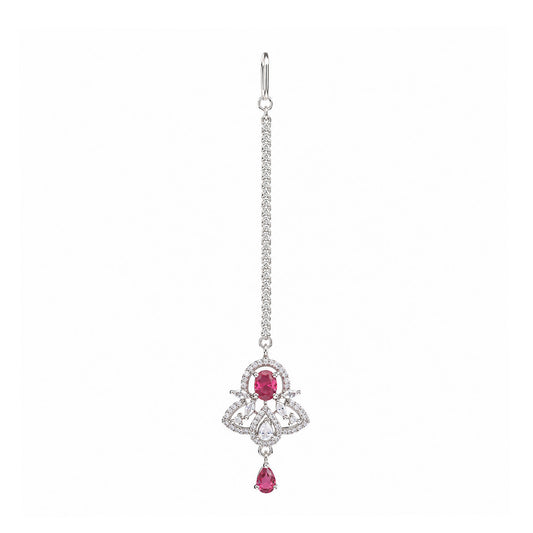 Silver Plated Red AD Maang Tikka for Women