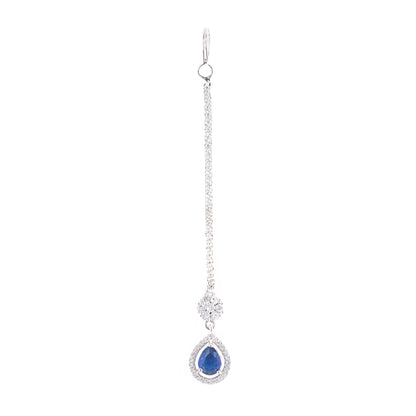 Silver Plated Blue AD Teardrop Maang Tikka for Women