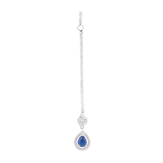 Silver Plated Blue AD Teardrop Maang Tikka for Women