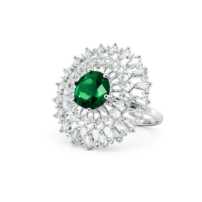 Rhodium Plated Green AD Designer Adjustable Ring for Women