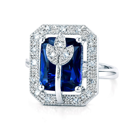 Rhodium Plated Blue AD Leaf Adjustable Ring for Women