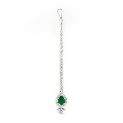 Rhodium Plated Green American Diamond Maang Tikka for Women