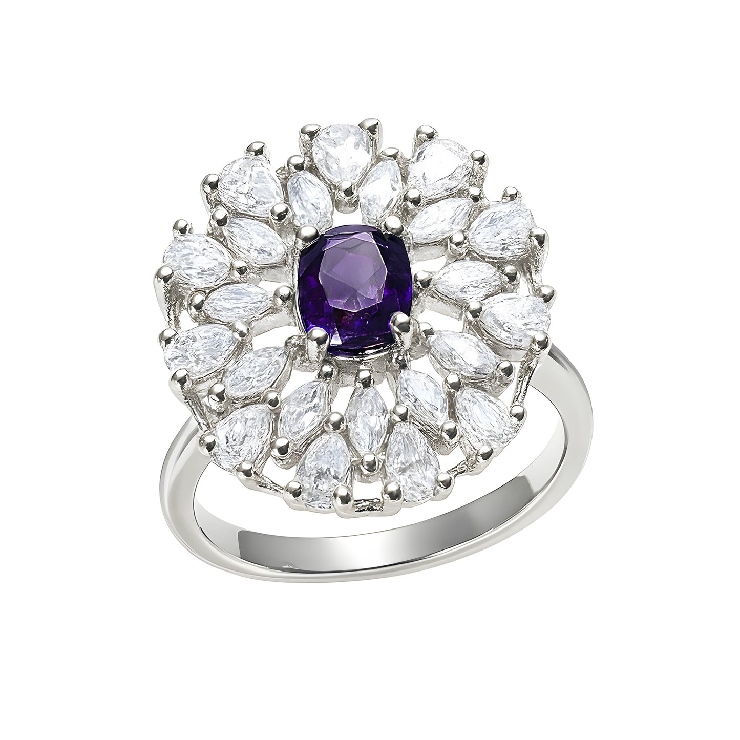 Silver Plated Purple AD Floral Adjustable Ring for Women