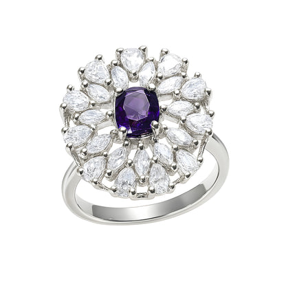 Silver Plated Purple AD Floral Adjustable Ring for Women
