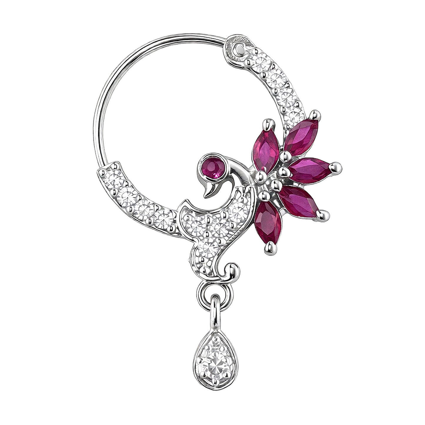 Silver Plated Red AD Drop Nose Ring for Women