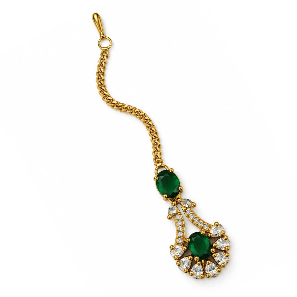 South Indian Gold Plated Green AD Maang Tikka for Women