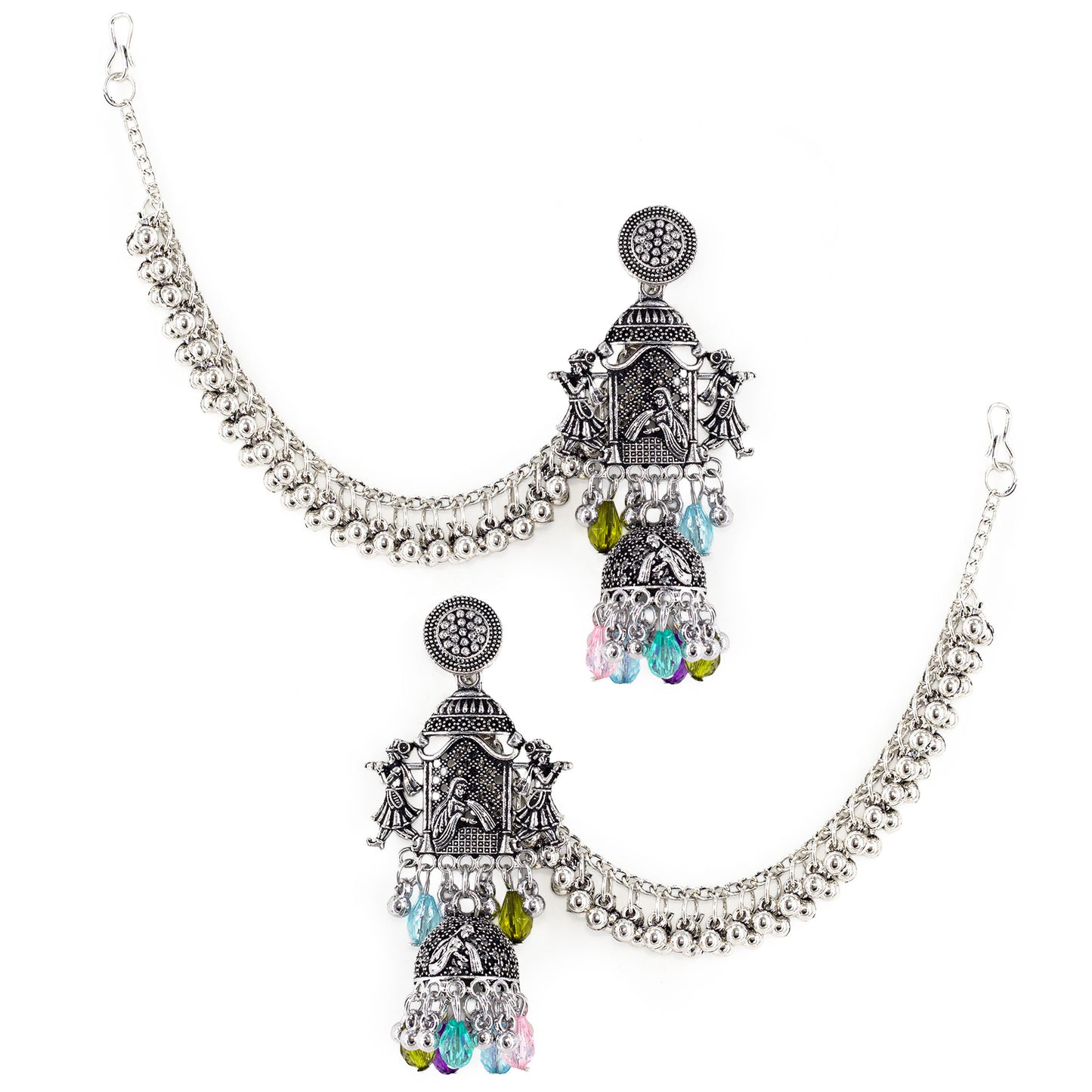 Silver Oxidised Jhumka Earring with Chain for Women