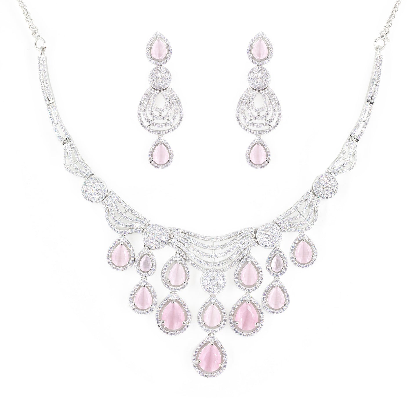 Silver Plated Pink & White AD Designer Jewellery Set