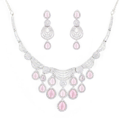 Silver Plated Pink & White AD Designer Jewellery Set