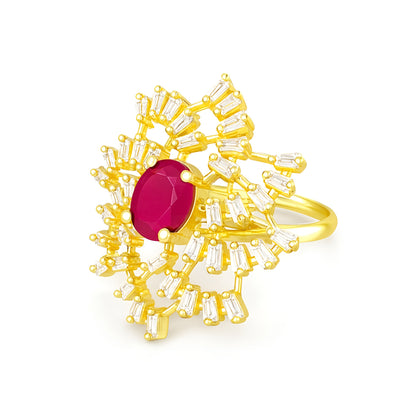 Gold Plated White & Red American Diamond Floral Ring