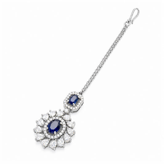 Silver Plated Blue AD Maang Tikka for Women
