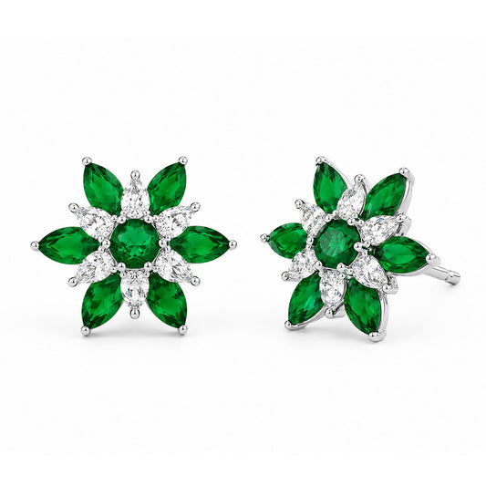 Rhodium Plated Green AD Floral Stud Earrings for Women