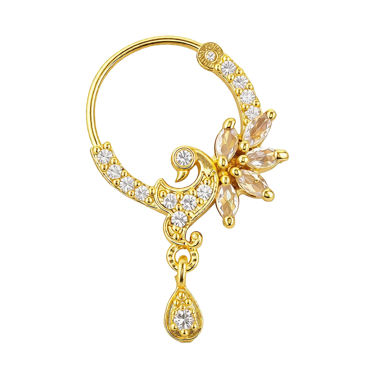 Gold Plated White AD Peacock Nose Ring for Women