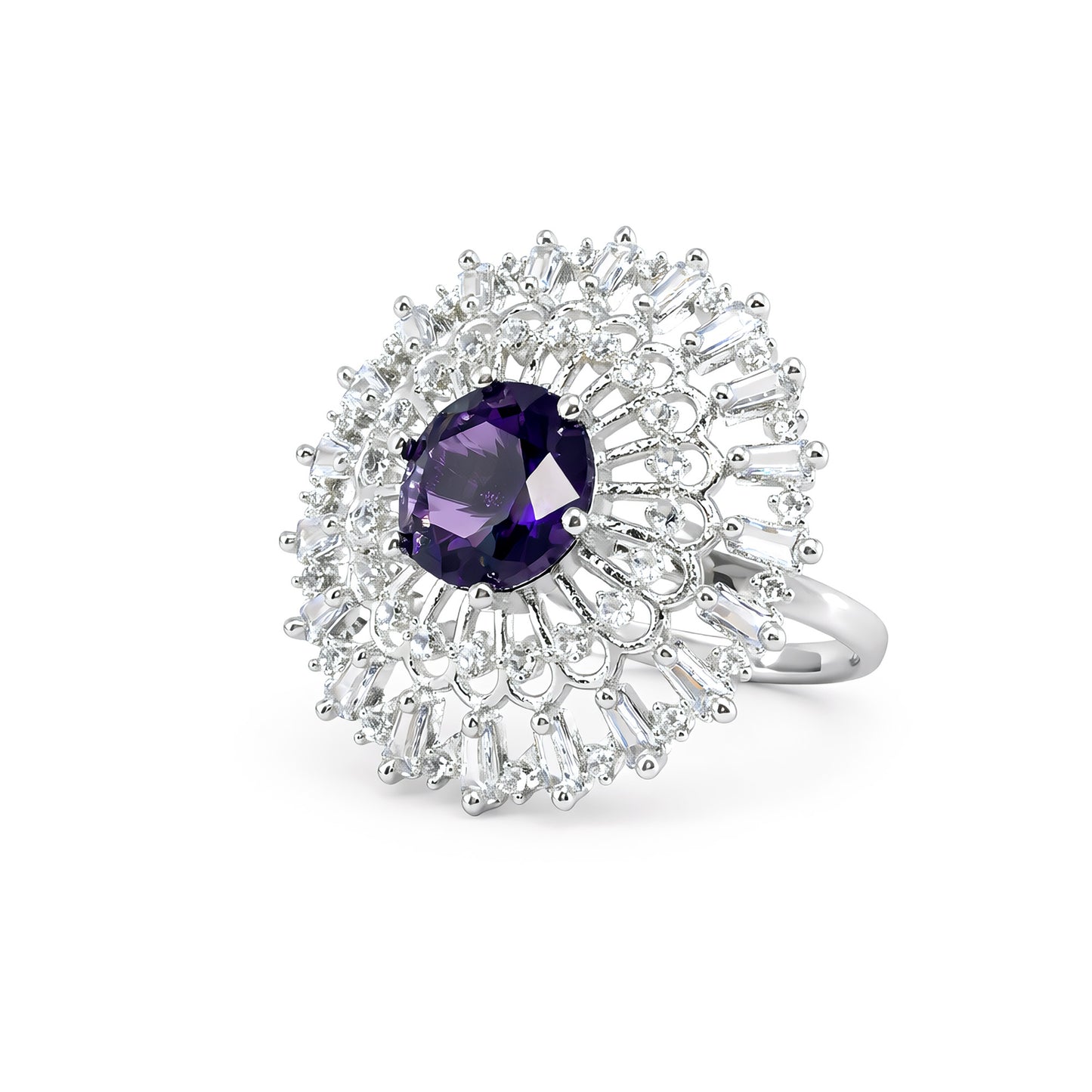 Rhodium Plated Purple AD Designer Adjustable Ring for Women