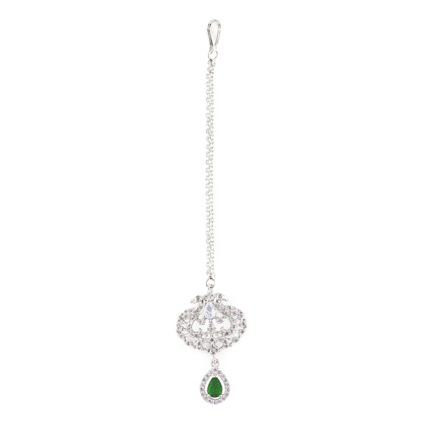 Silver Plated Green AD Peacock Maang Tikka for Women