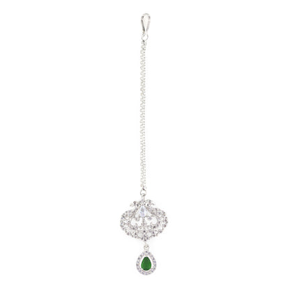 Silver Plated Green AD Peacock Maang Tikka for Women