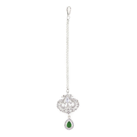 Silver Plated Green AD Peacock Maang Tikka for Women