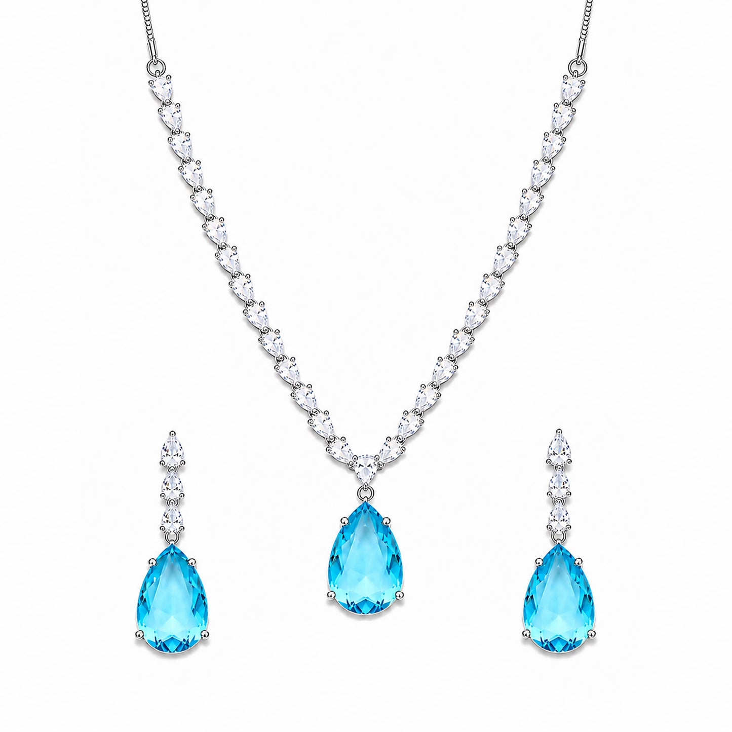 Silver Plated Sea Blue Teardrop AD Jewellery Set for Women