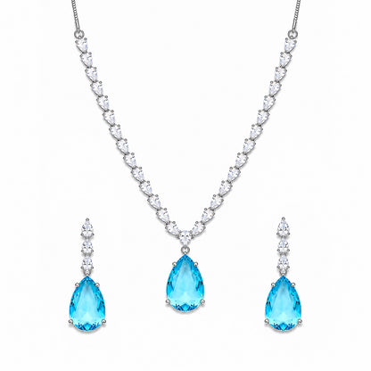 Silver Plated Sea Blue Teardrop AD Jewellery Set for Women