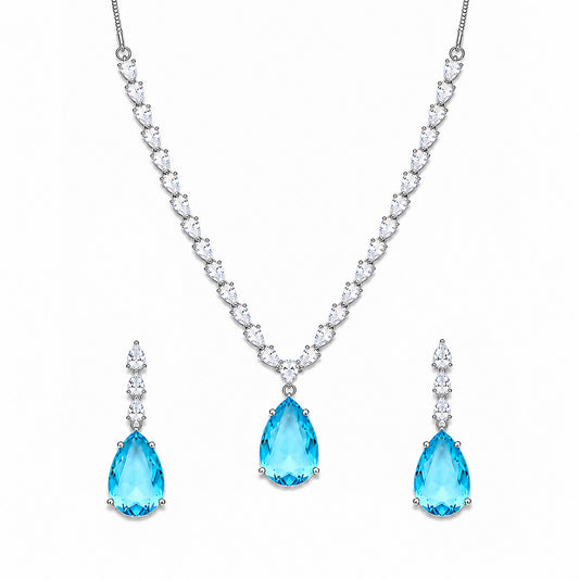 Silver Plated Sea Blue Teardrop AD Jewellery Set for Women