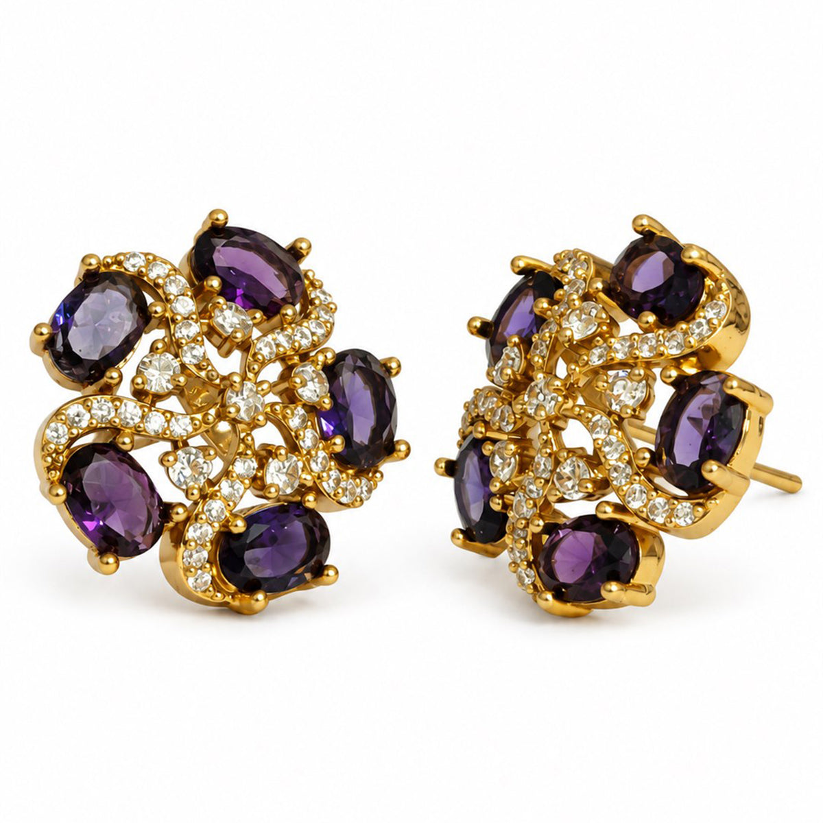 South Indian Gold Plated Purple AD Floral Stud Earrings for Women
