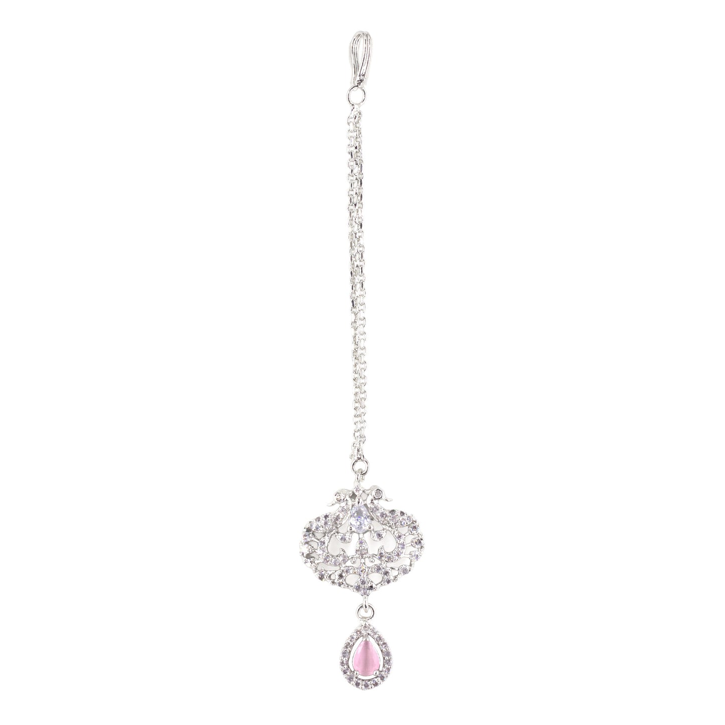 Silver Plated Pink AD Peacock Maang Tikka for Women