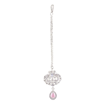 Silver Plated Pink AD Peacock Maang Tikka for Women