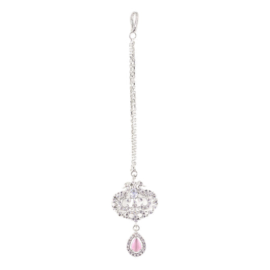 Silver Plated Pink AD Peacock Maang Tikka for Women
