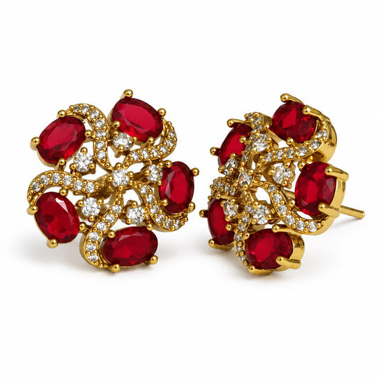 South Indian Gold Plated Red AD Floral Stud Earrings for Women