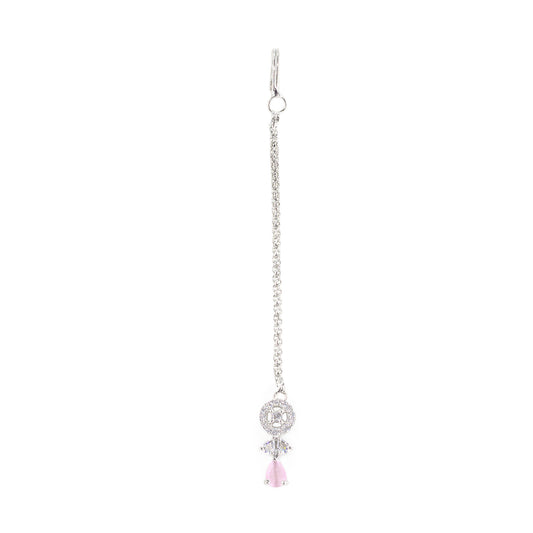 Silver Plated Pink AD Maang Tikka for Women
