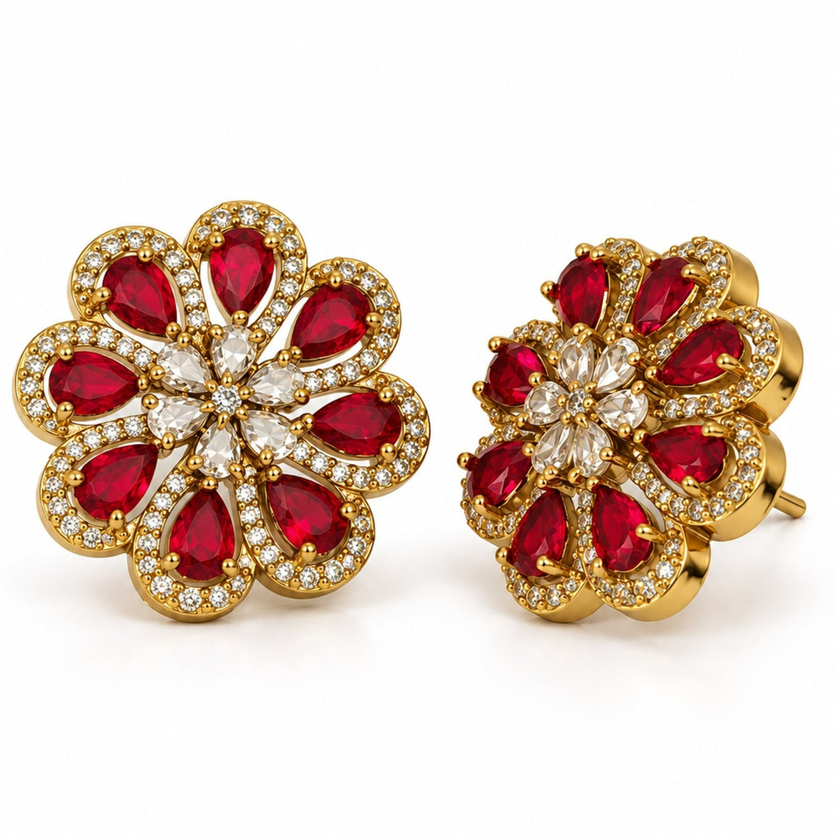 South Indian Gold Plated Red AD Floral Stud Earrings for Women