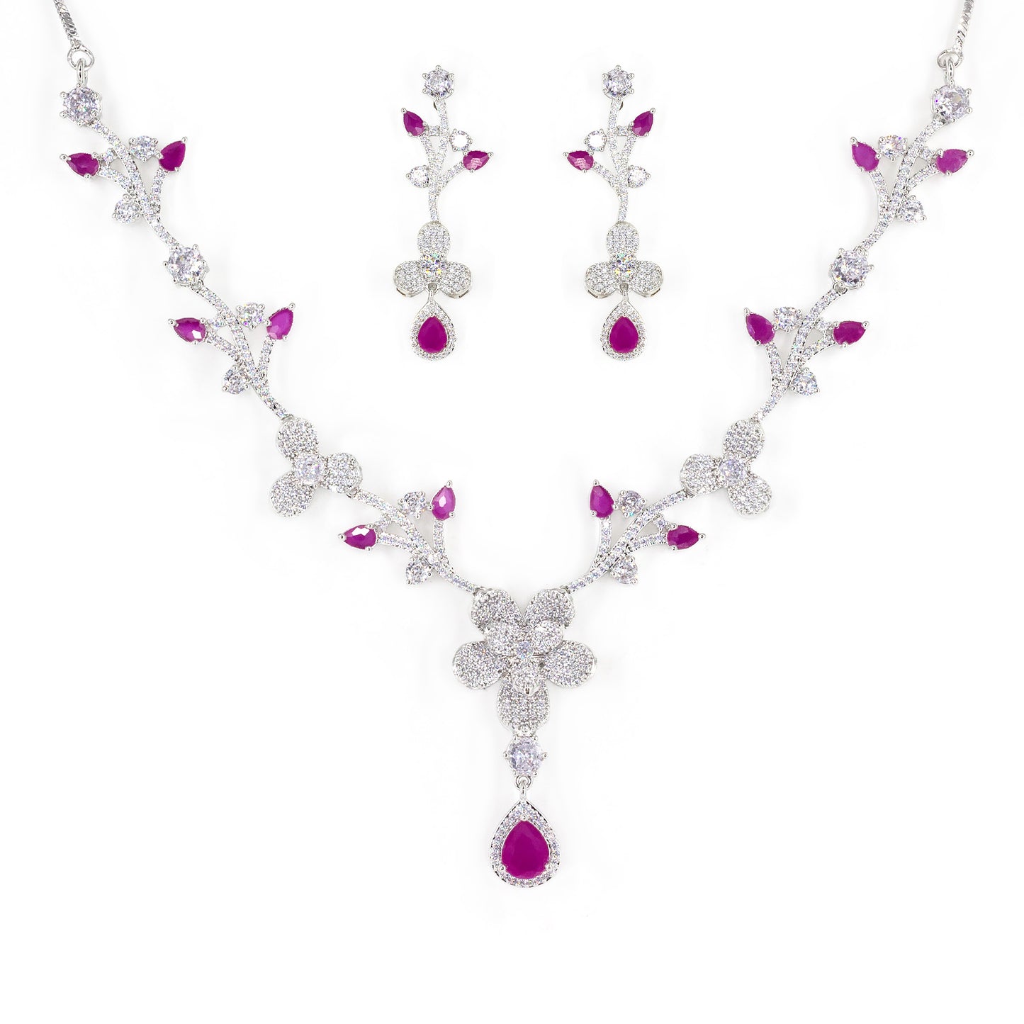 Silver Plated Red & White American Diamond Designer Jewellery Set