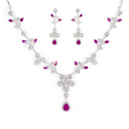 Silver Plated Red & White American Diamond Designer Jewellery Set