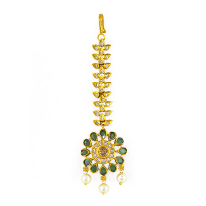 Gold Plated Green AD Designer Maang Tikka for Women