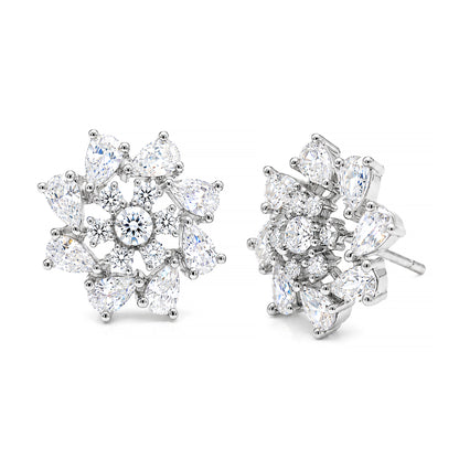 Rhodium Plated AD Floral Stud Earrings for Women