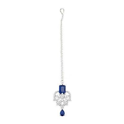 Silver Plated Blue AD Maang Tikka for Women