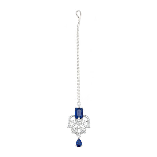 Silver Plated Blue AD Maang Tikka for Women
