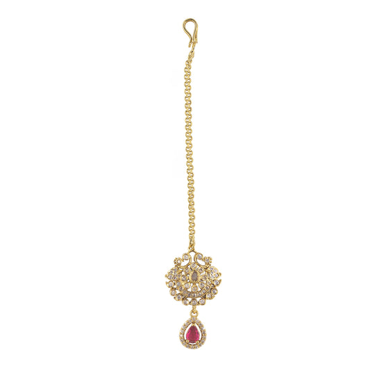 Gold Plated Red AD Maang Tikka for Women