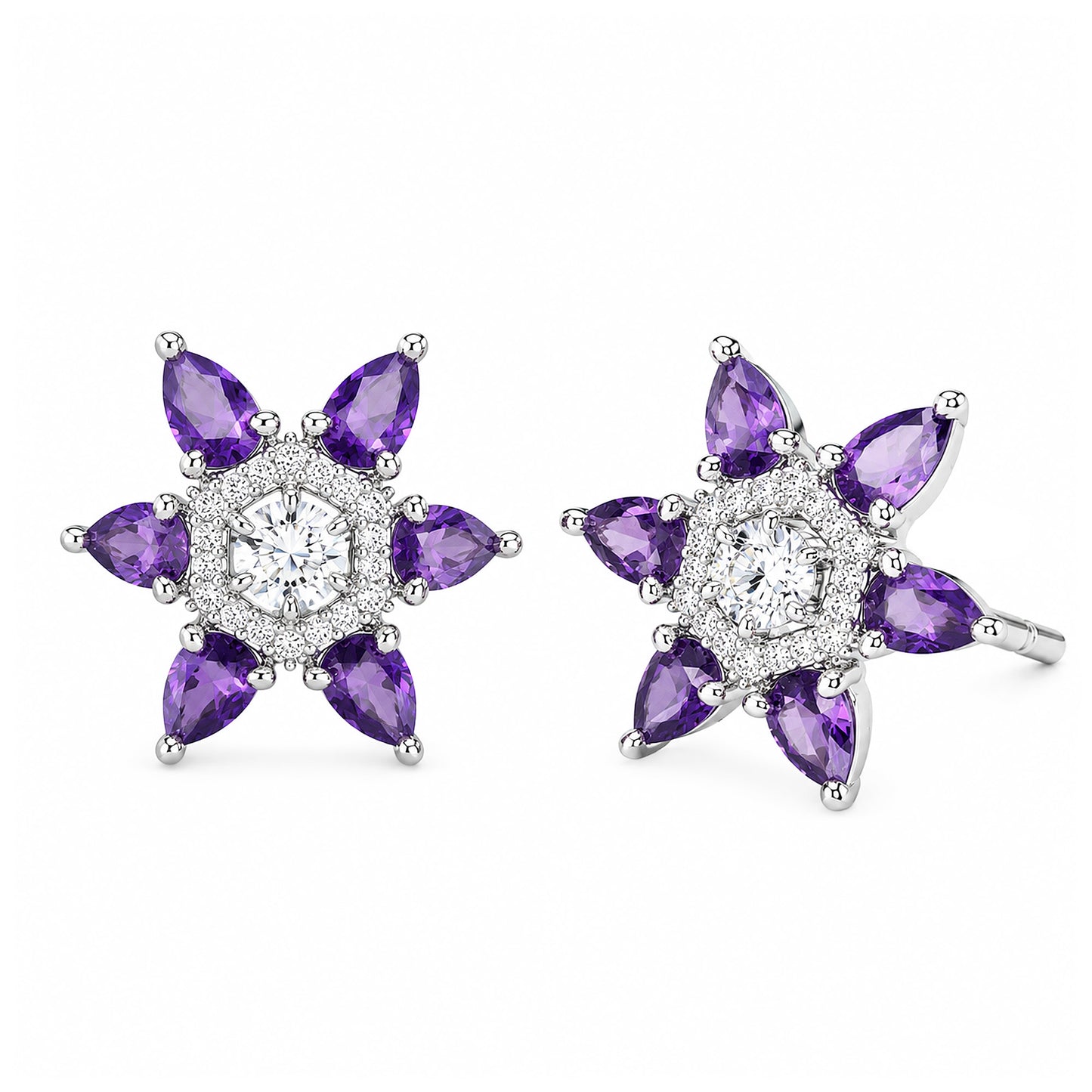 Silver Plated Purple AD Floral Stud Earrings for Women