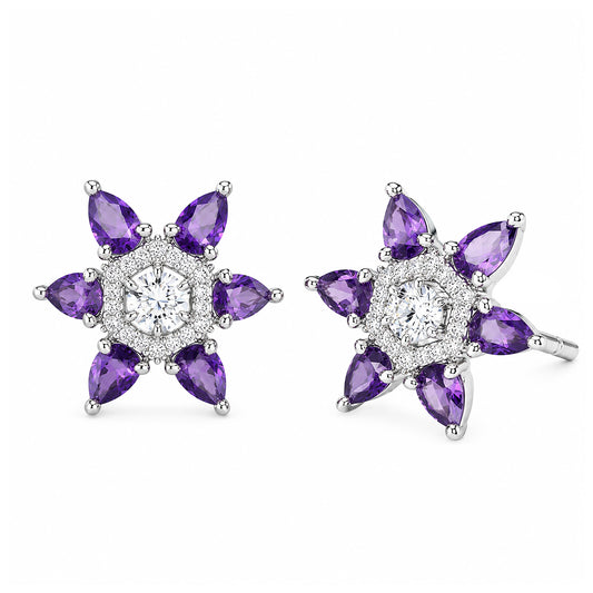 Silver Plated Purple AD Floral Stud Earrings for Women