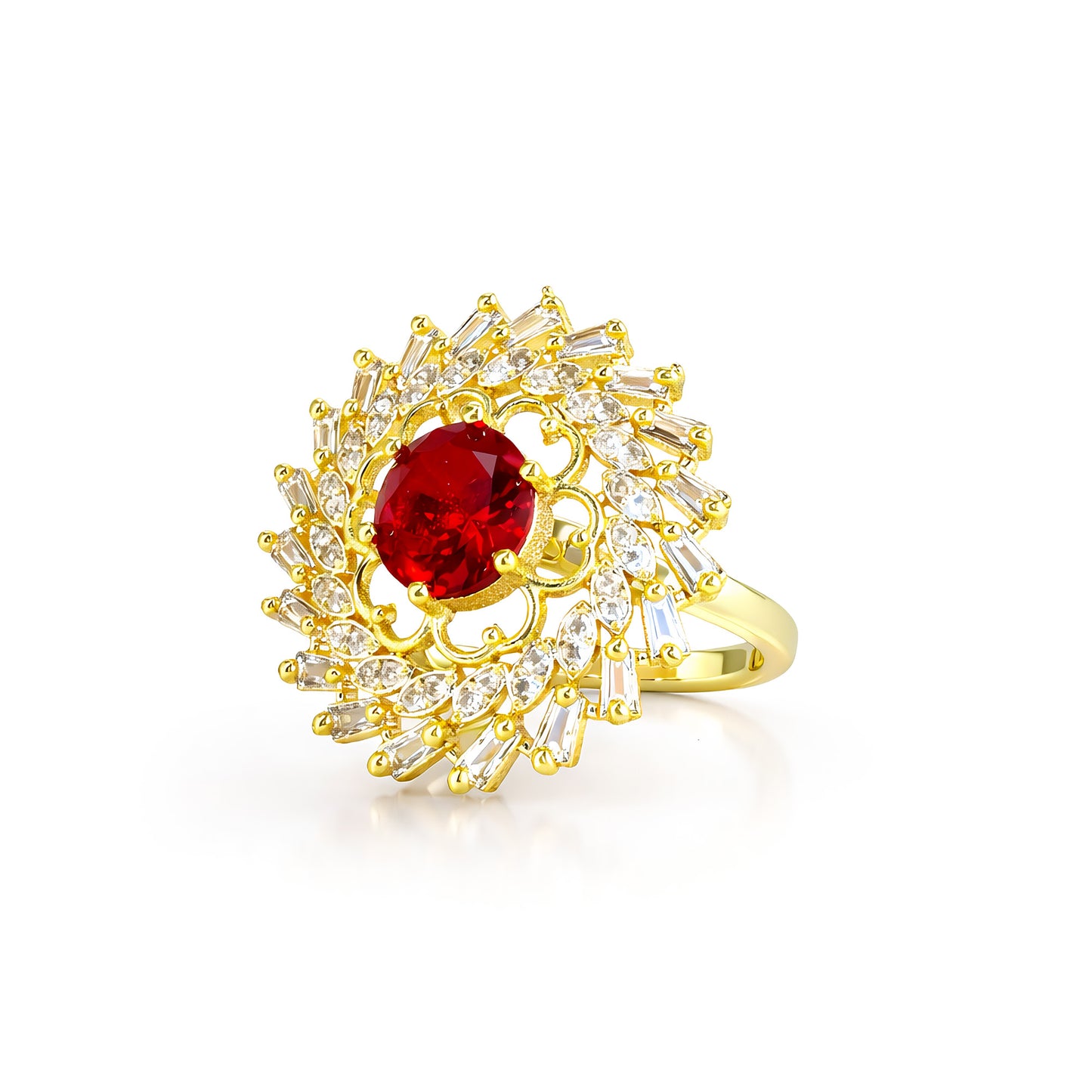 Gold Plated Red AD Adjustable Floral Ring for Women