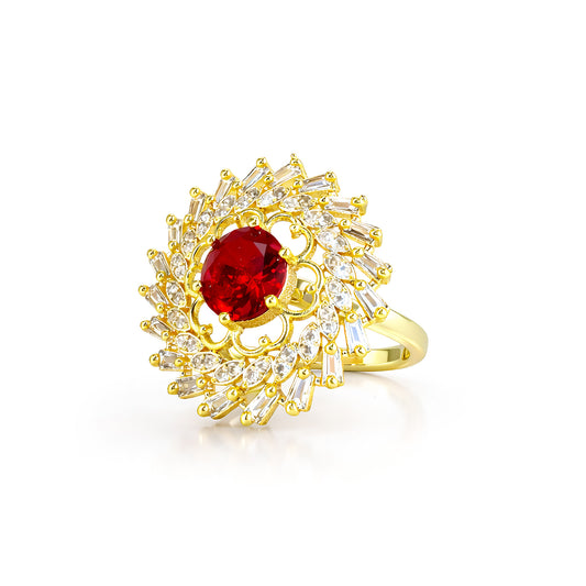 Gold Plated Red AD Adjustable Floral Ring for Women