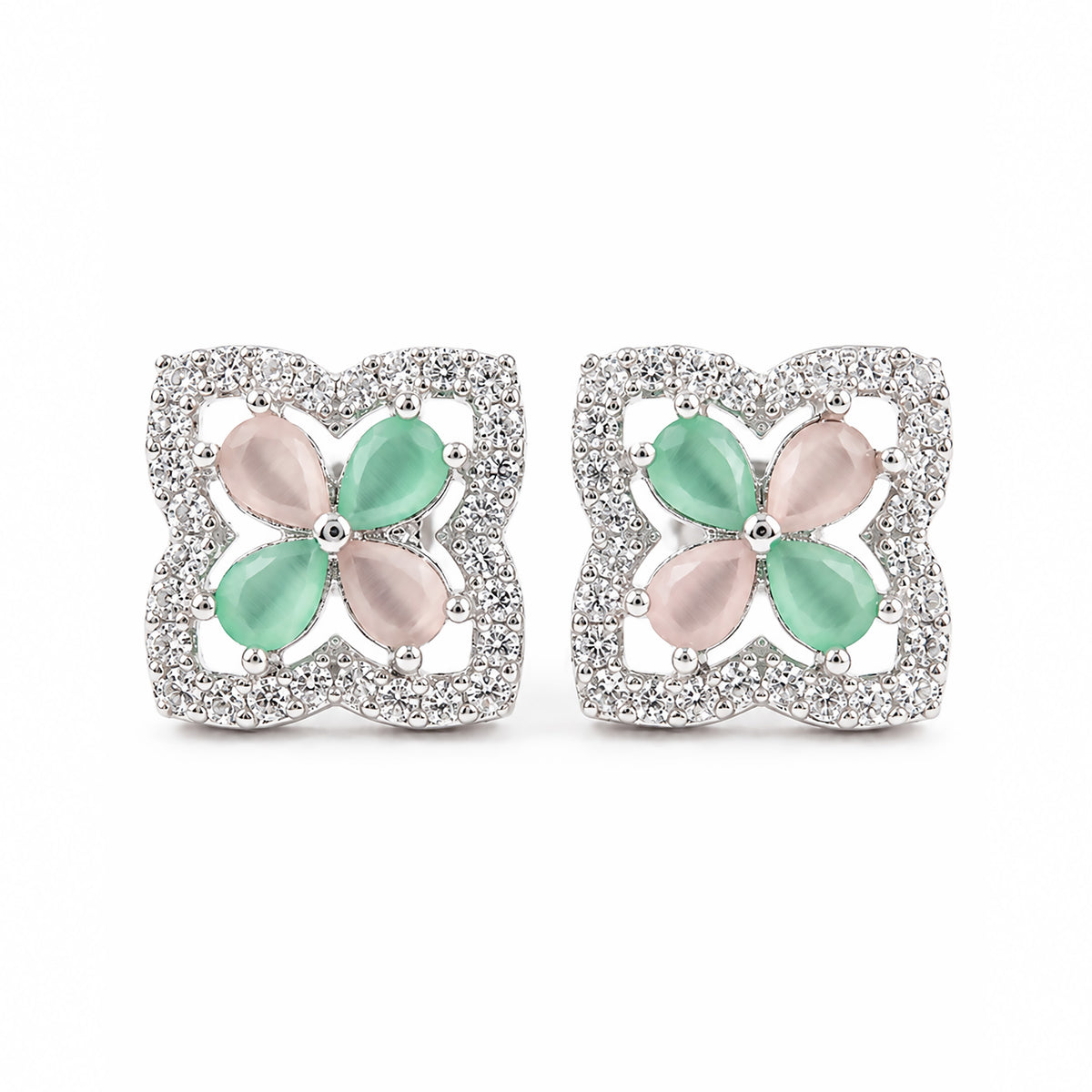 Rhodium Plated Green & Pink AD Stud Earrings for Women