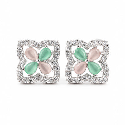 Rhodium Plated Green & Pink AD Stud Earrings for Women