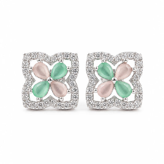 Rhodium Plated Green & Pink AD Stud Earrings for Women