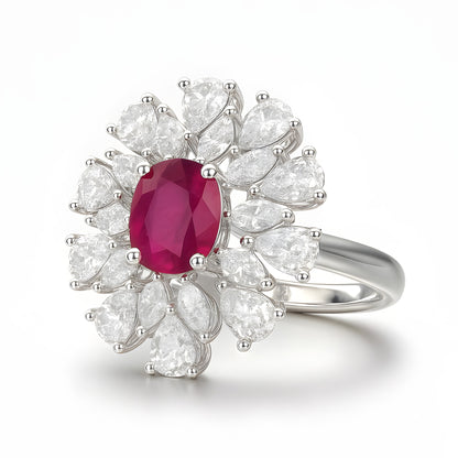 Silver Plated Red AD Floral Adjustable Ring for Women