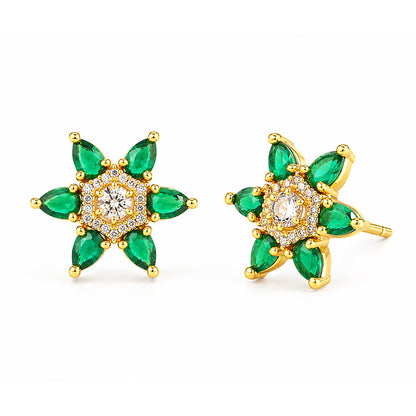 Gold Plated Green AD Floral Stud Earrings for Women
