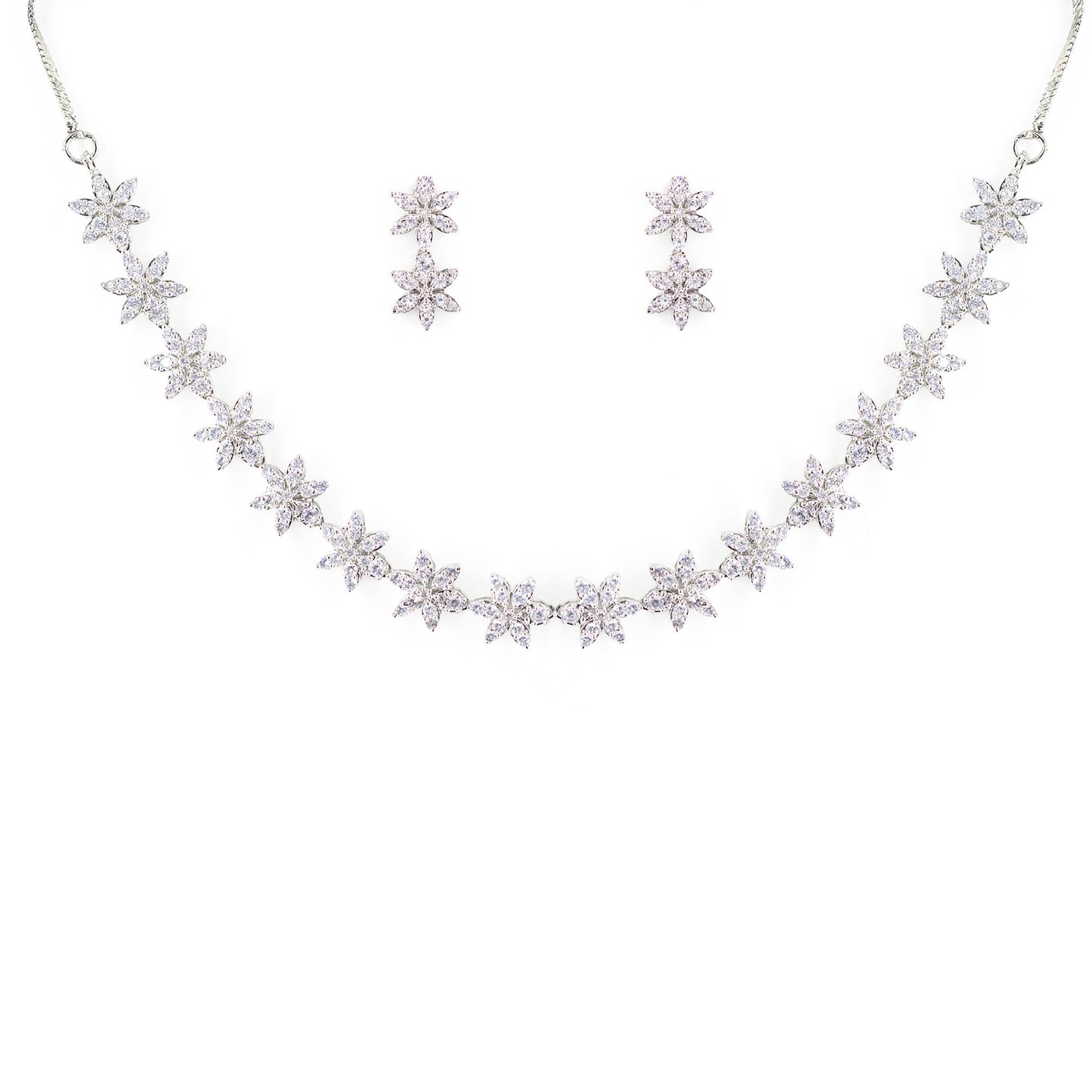 Silver Plated American Diamond Floral Jewellery Set for Women