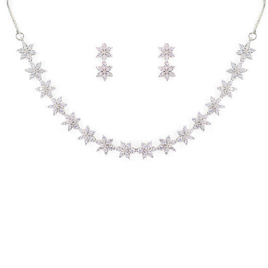 Silver Plated American Diamond Floral Jewellery Set for Women
